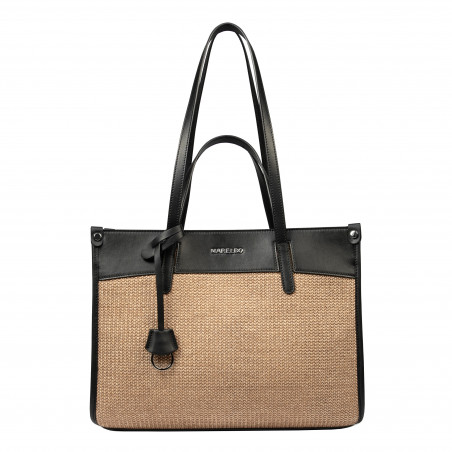 Geanta dama de plaja 045g 01 black napa+rafie caramel